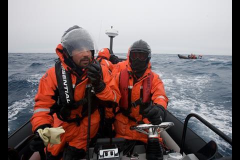 Sea Shepherd marine wildlife conservation volunteers wearing Gecko open face helmets whilst using RIBs